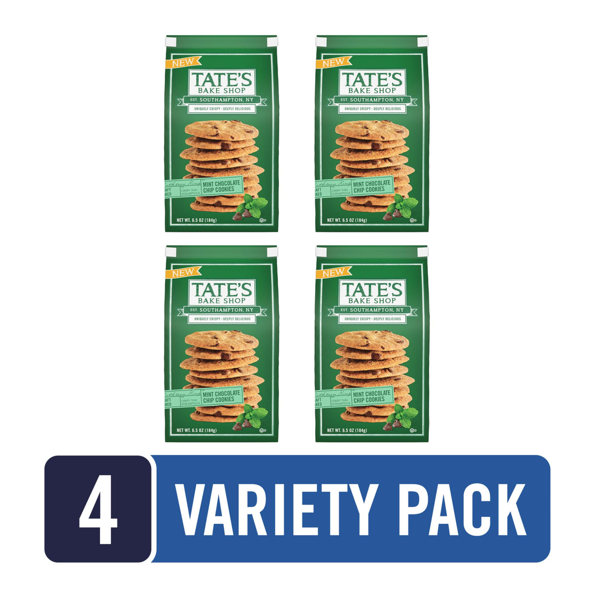 Tate's Mint Chocolate Chip Cookies in a resealable bag, preserving crispness.