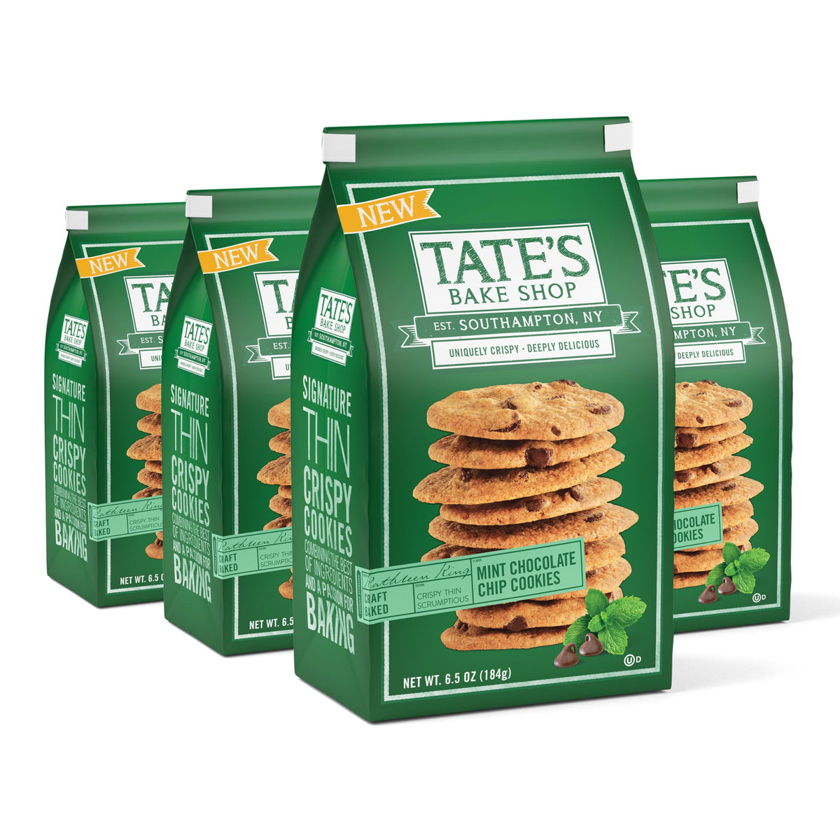 Tate's Bake Shop Mint Chocolate Chip Cookies on a serving tray, ideal party snacks.