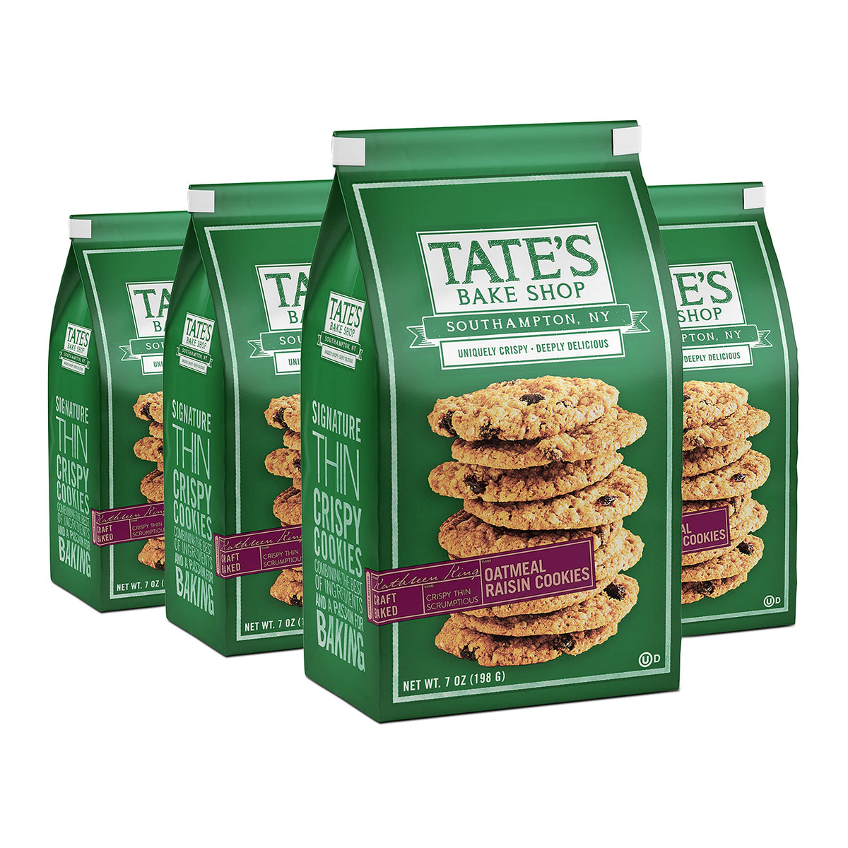 Tates Bake Shop Oatmeal Raisin Cookies four-bag pack for easy sharing at gatherings.