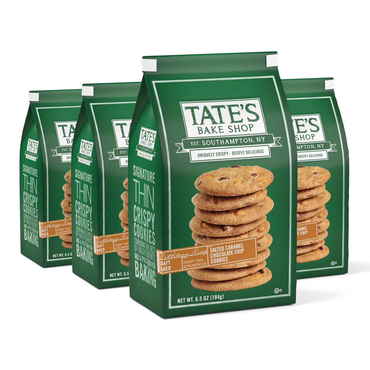 Tate's Bake Shop Salted Caramel Chocolate Chip Cookies in four-pack bags for sharing.