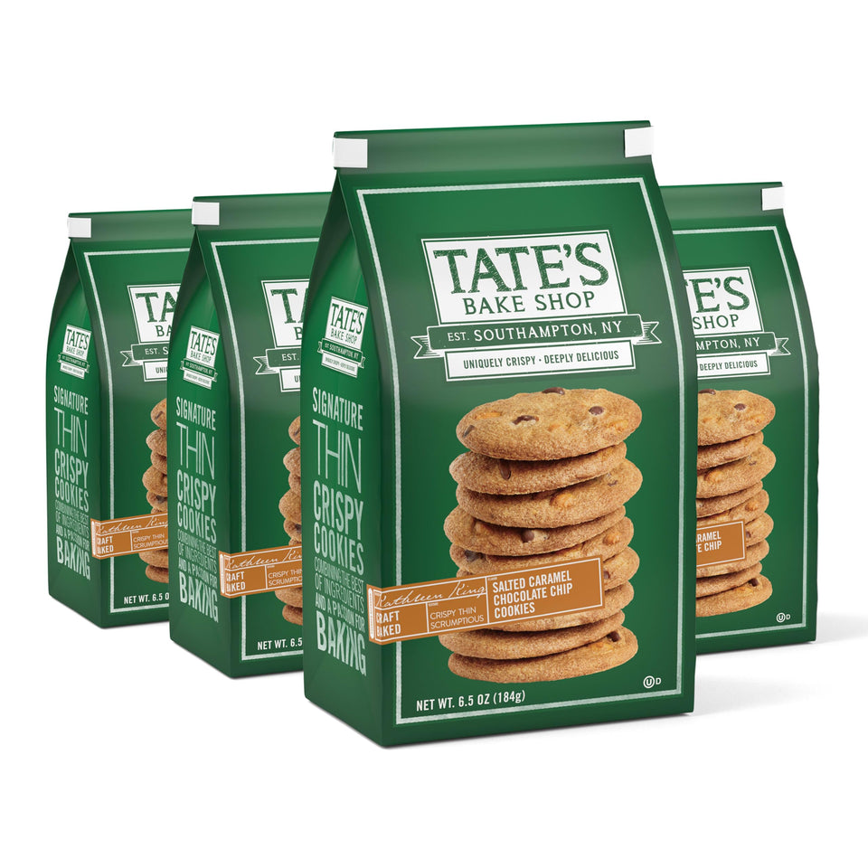 Tate's Bake Shop Salted Caramel Chocolate Chip Cookies in four-pack bags for sharing.