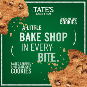 Close-up of Tate's Salted Caramel Chocolate Chip Cookies with glossy caramel bits.