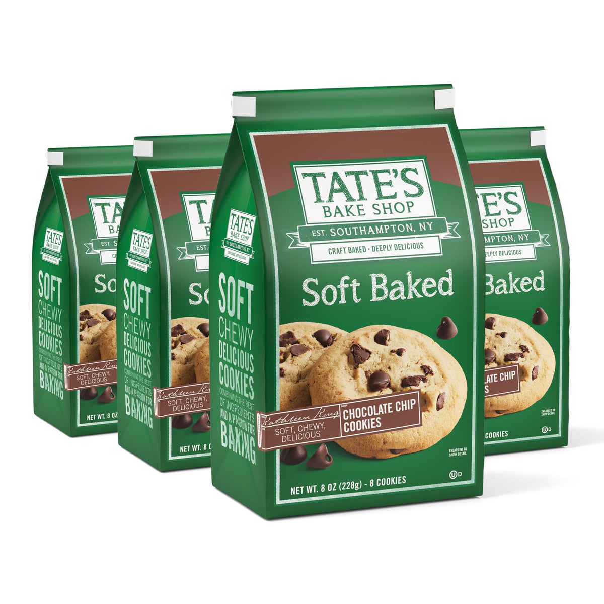 Tate's Bake Shop soft baked chocolate chip cookies in a resealable bag for freshness