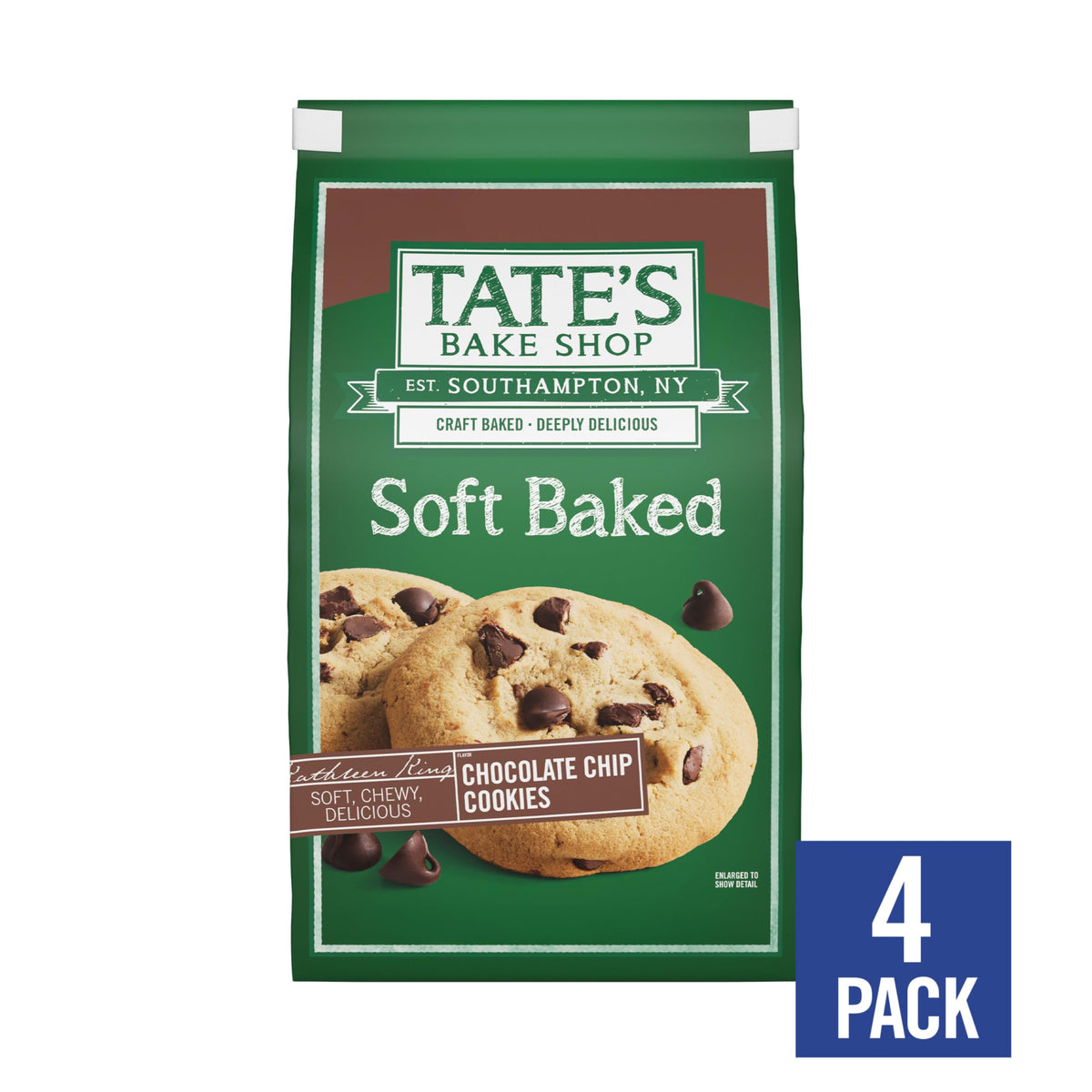 Close-up of chewy Tate's soft baked chocolate chip cookies