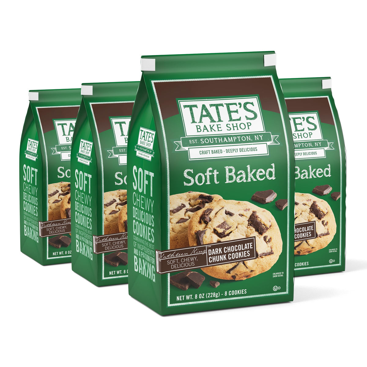 Tate's Bake Shop soft baked cookies with dark chocolate chunks in four-bag pack, ideal for entertaining