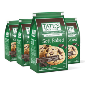 Tate's Bake Shop soft baked cookies with dark chocolate chunks in four-bag pack, ideal for entertaining