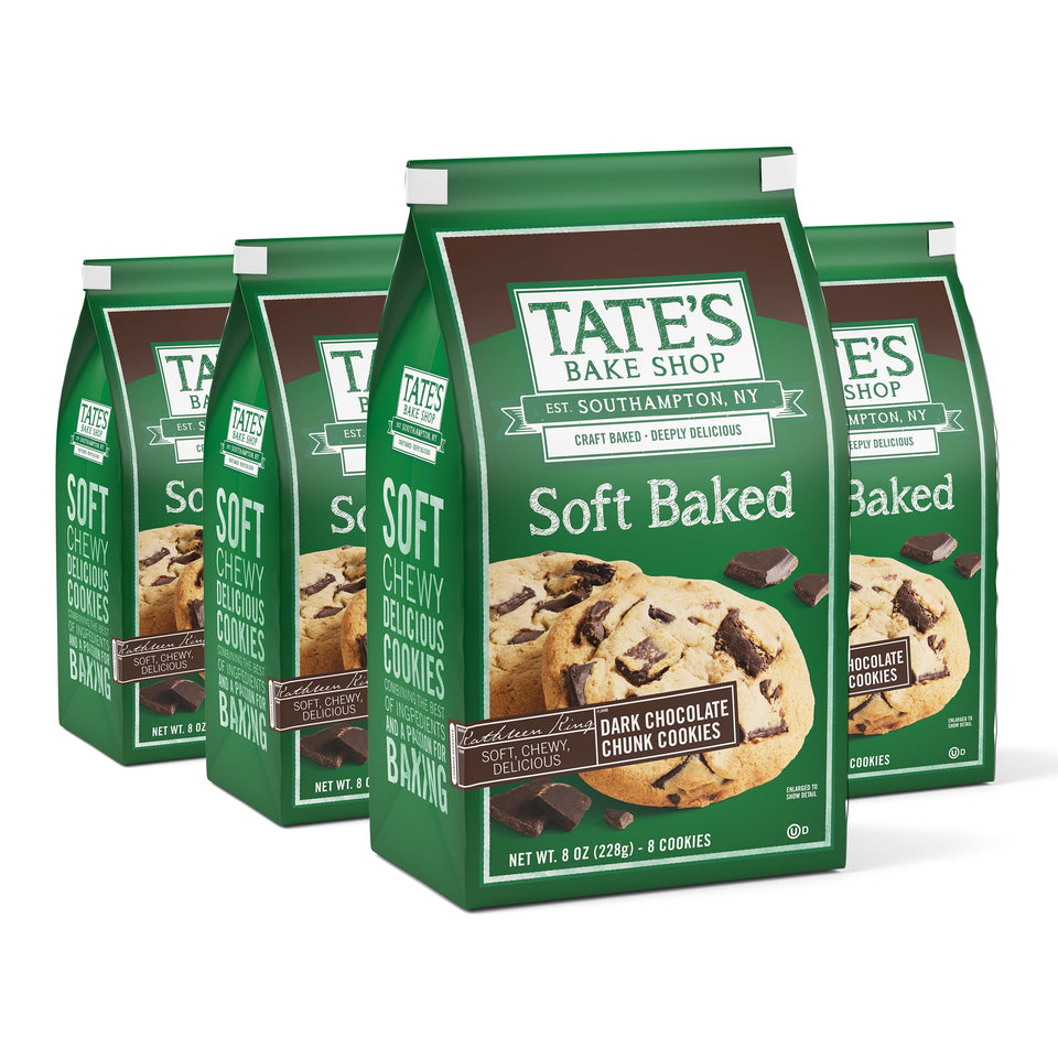 Tate's Bake Shop soft baked cookies with dark chocolate chunks in four-bag pack, ideal for entertaining