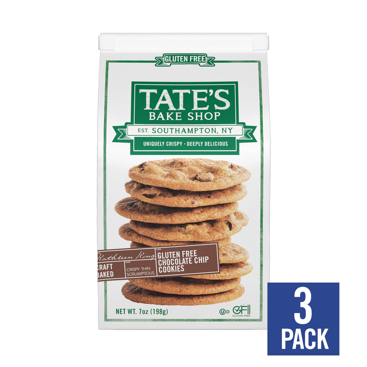 Close-up of thin crispy Tate's Bake Shop cookies highlighting their delicate texture.