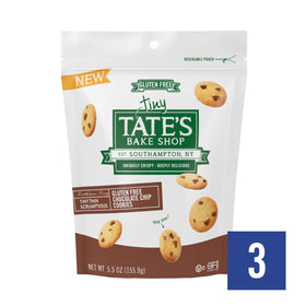 Tate's Bake Shop Tiny Gluten Free Chocolate Chip Cookies close-up; snack-ready, crisp bites