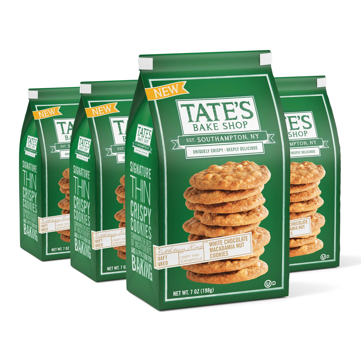 Tate's Bake Shop white chocolate macadamia cookies pack front, gift-ready snack.