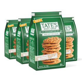 Tate's Bake Shop white chocolate macadamia cookies pack front, gift-ready snack.
