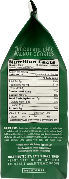 7 oz Tate's Chocolate Chip Walnut cookie wrapper emphasizing premium bake.