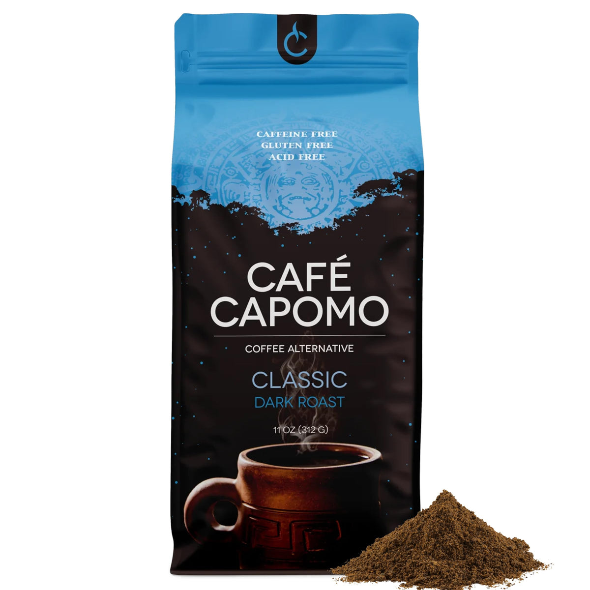 Tattva's Herbs Cafe Capomo bottle pouring for a caffeine-free coffee alternative.