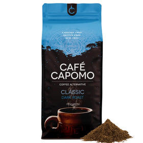 Tattva's Herbs Cafe Capomo bottle pouring for a caffeine-free coffee alternative.