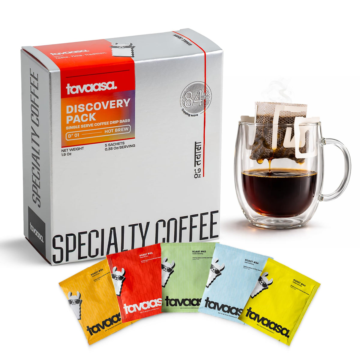 Tavaasa Discovery Pack five-count drip bags for convenient, on-the-go coffee.