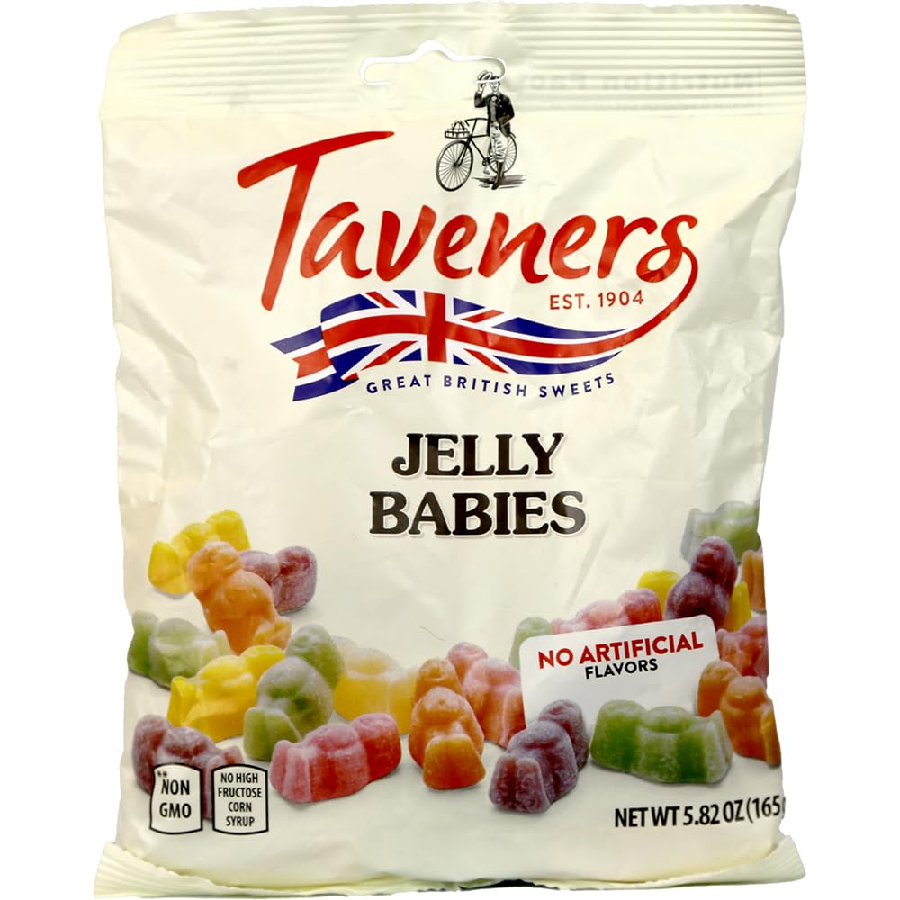 Taveners Jelly Babies Multicolor Flavors: assorted fruity tastes with a sugar dust.