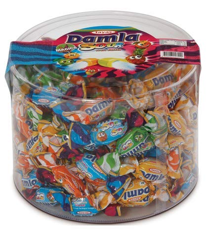 Tayas Damla Sours assorted fruit candies in a bucket, ideal for sharing at gatherings.