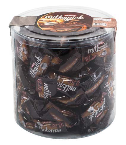 Tayas Milkquick Coffee bonbons bucket reveals creamy coffee filling for a satisfying treat.