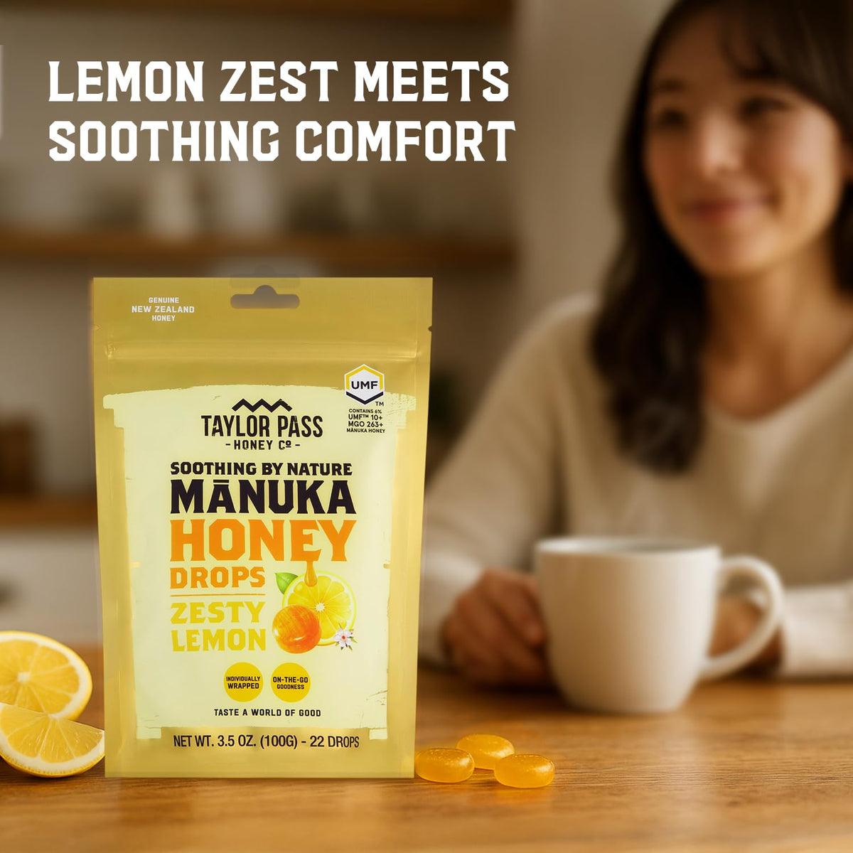 Taylor Pass Mānuka Drops lemon close-up with natural zest scent