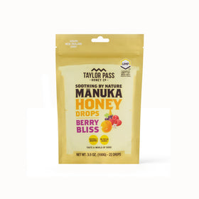 Taylor Pass Honey Co Manuka Drops UMF 10+ berry bliss packaging for on-the-go throat comfort