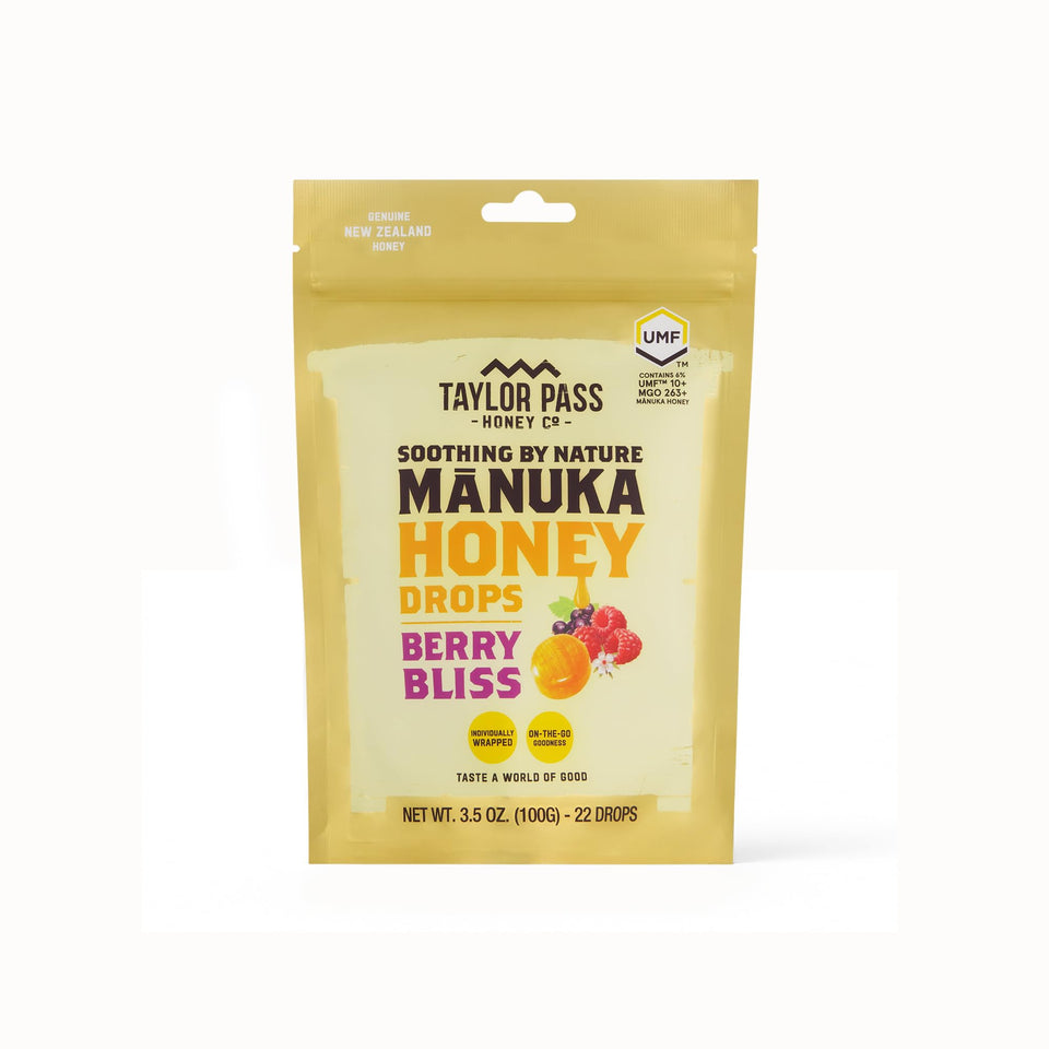 Taylor Pass Honey Co Manuka Drops UMF 10+ berry bliss packaging for on-the-go throat comfort