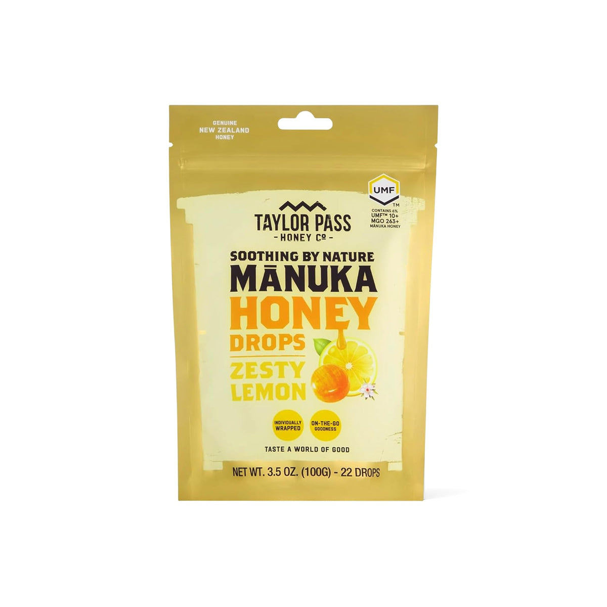 Taylor Pass Mānuka Drops UMF 10+ lemon packaging for on-the-go relief