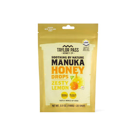 Taylor Pass Mānuka Drops UMF 10+ lemon packaging for on-the-go relief