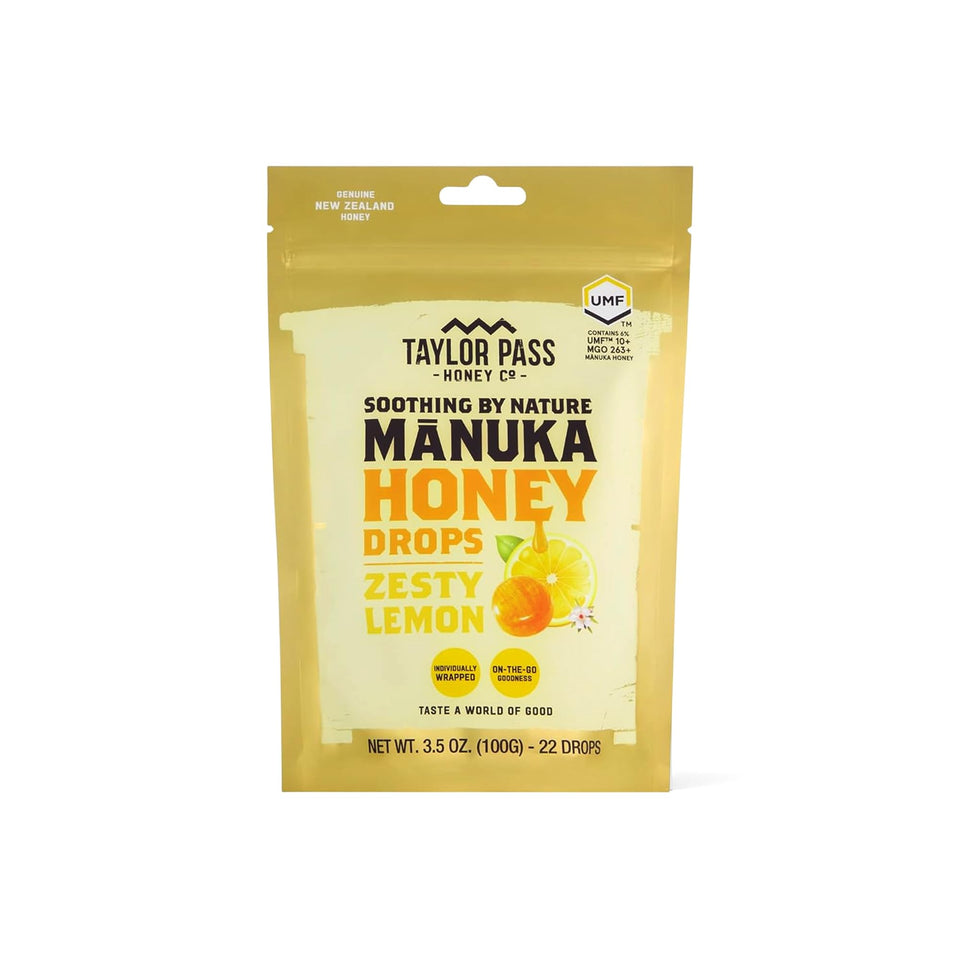 Taylor Pass Mānuka Drops UMF 10+ lemon packaging for on-the-go relief