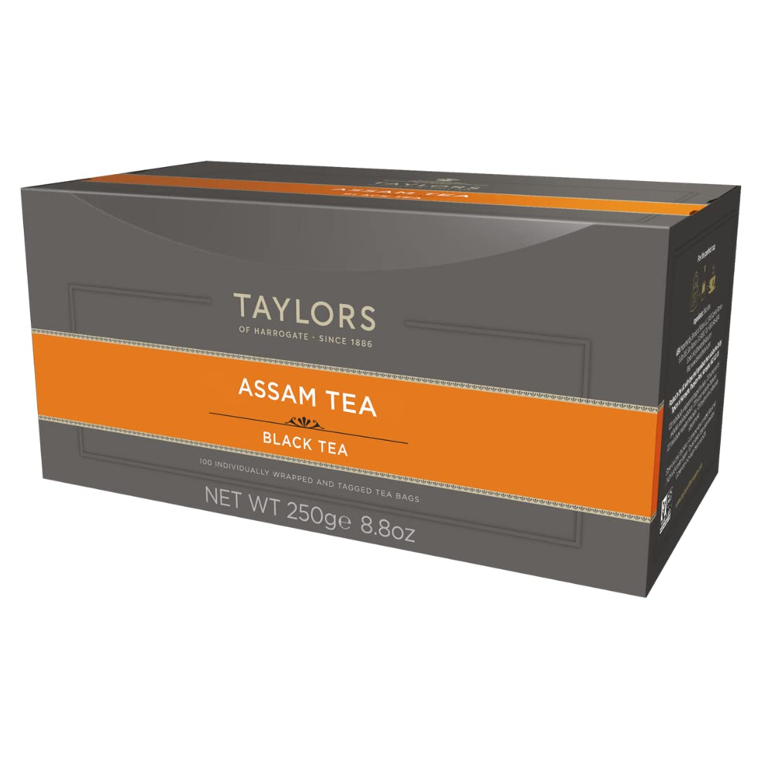 Taylors Assam tea box packaging, showcasing premium full-bodied flavor.
