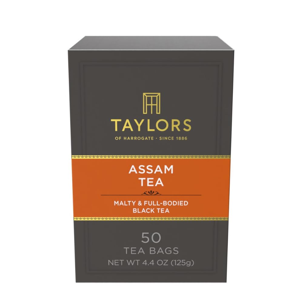 Taylors of Harrogate Assam pillow bag box showing premium packaging and rich tea color