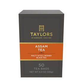 Taylors of Harrogate Assam pillow bag box showing premium packaging and rich tea color