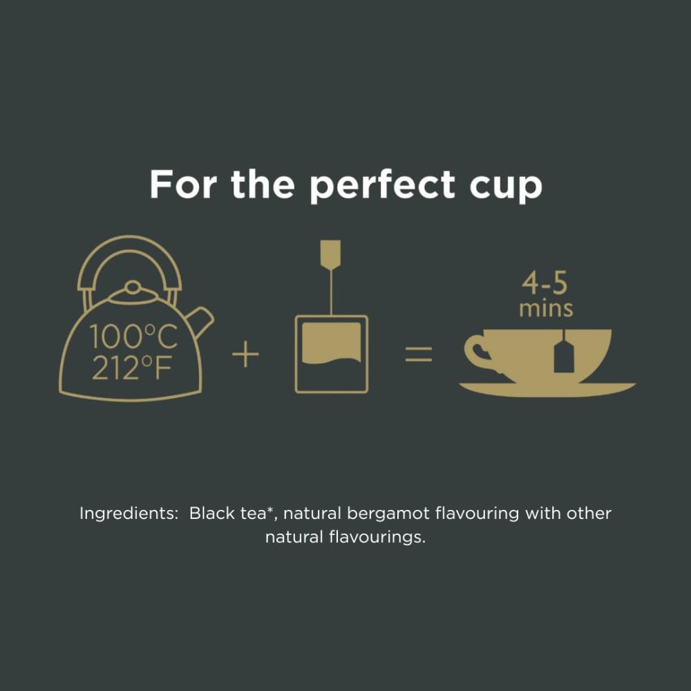 Taylors Earl Grey box and tea bags highlight the 100-count pack and sustainable credentials