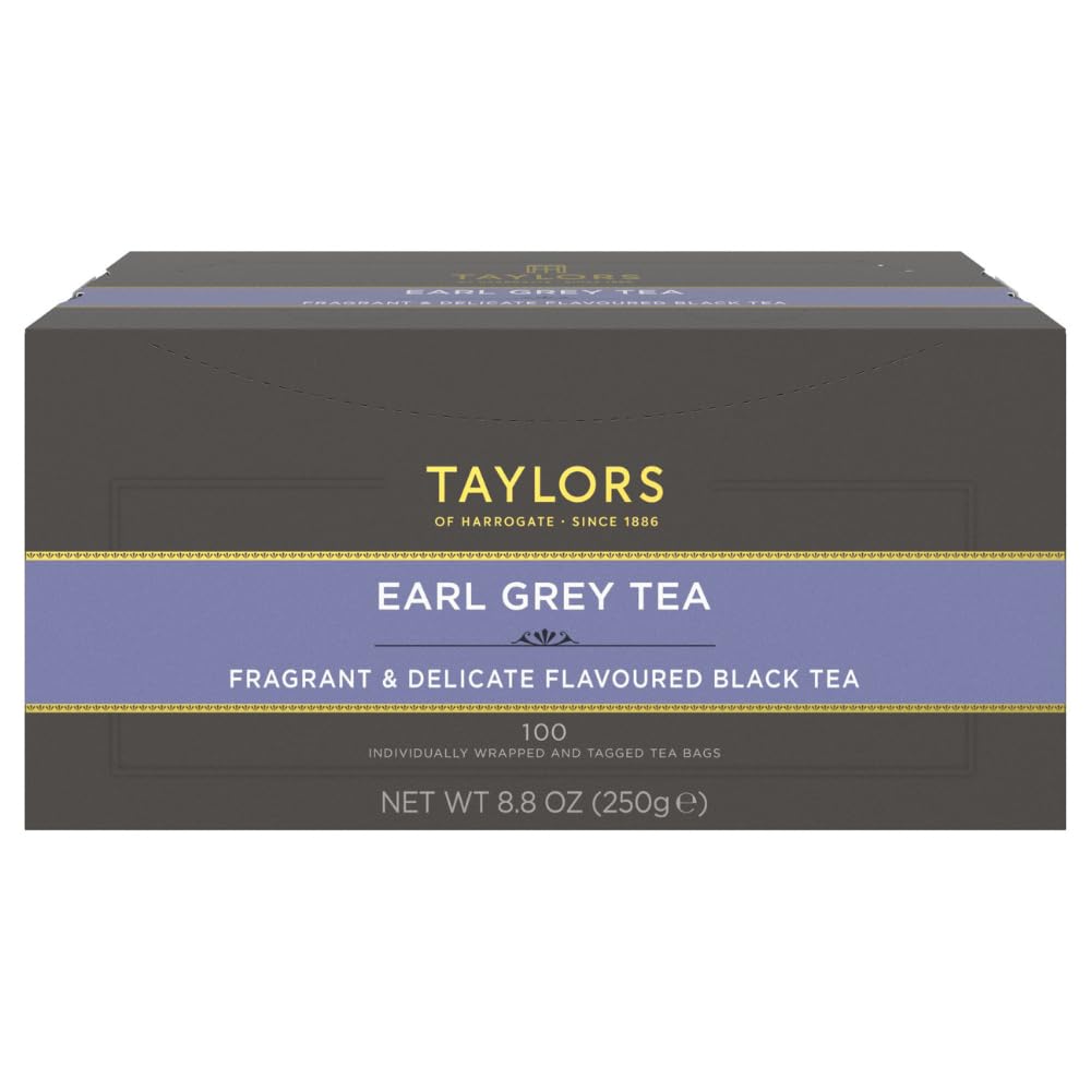 Taylors of Harrogate Earl Grey tea bags close-up showing individual wrappers for freshness