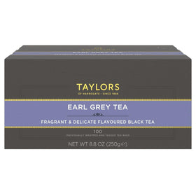 Taylors of Harrogate Earl Grey tea bags close-up showing individual wrappers for freshness
