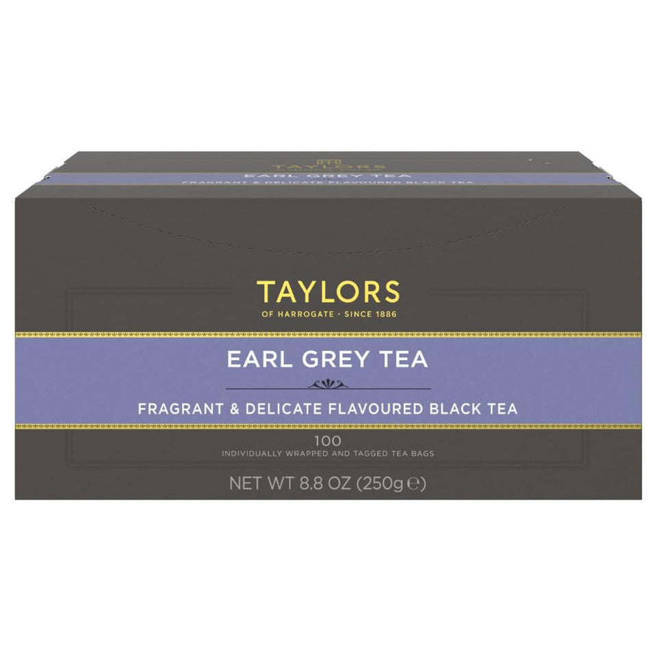 Taylors of Harrogate Earl Grey tea bags close-up showing individual wrappers for freshness