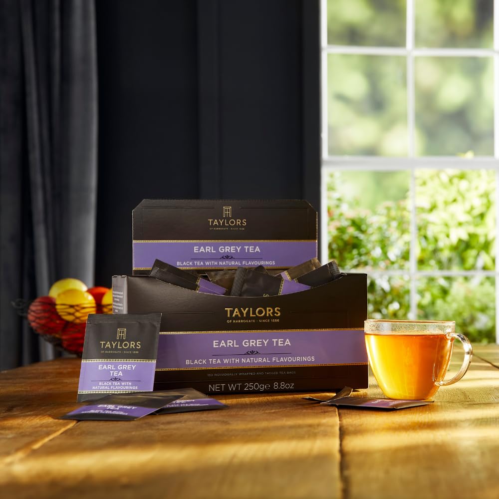 Taylors of Harrogate Earl Grey cup with steam illustrating a fragrant, balanced brew ready to enjoy