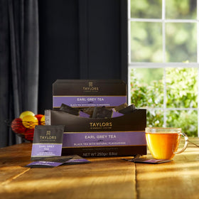 Taylors of Harrogate Earl Grey cup with steam illustrating a fragrant, balanced brew ready to enjoy