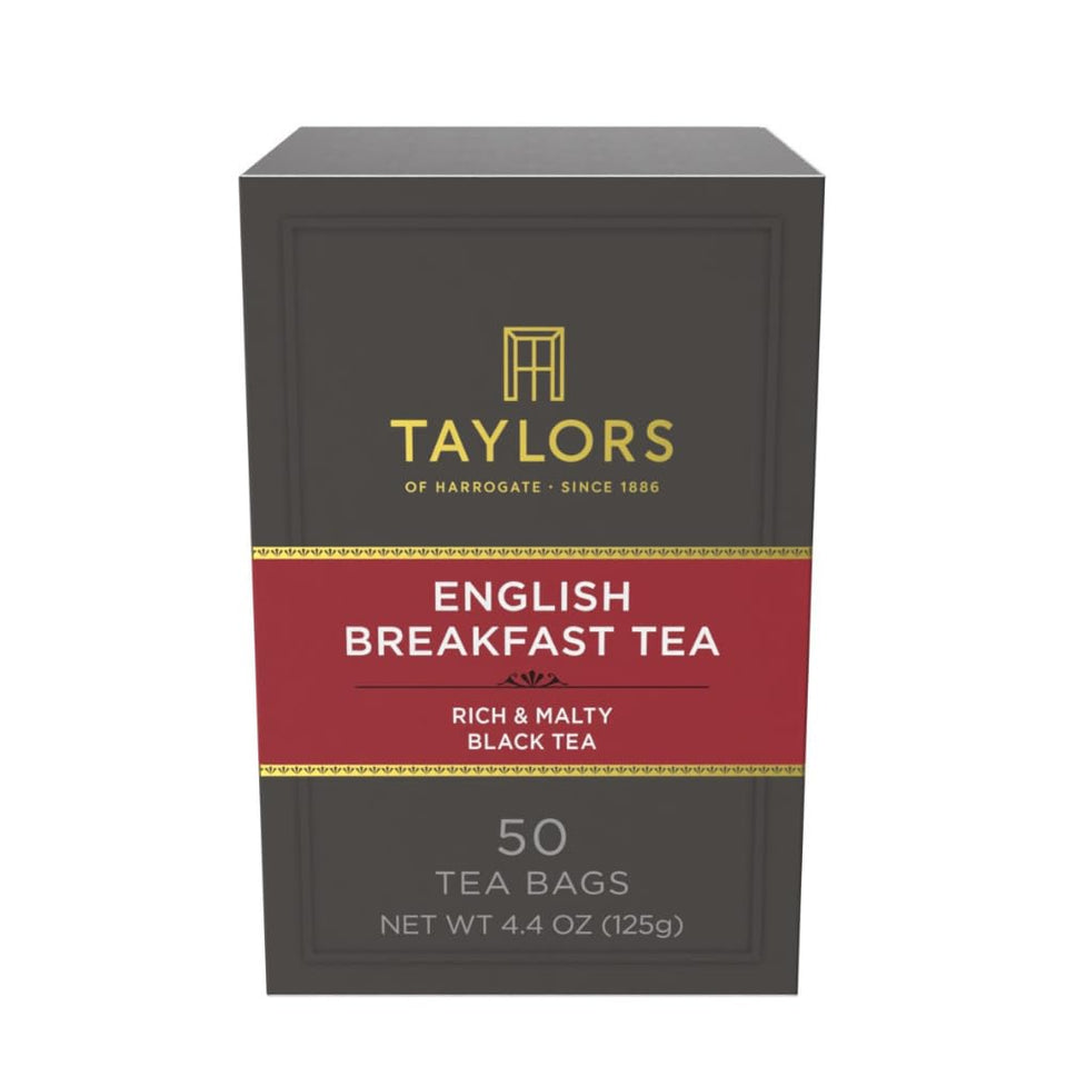 Taylors of Harrogate English Breakfast tea bags in packaging, premium aroma ready to brew