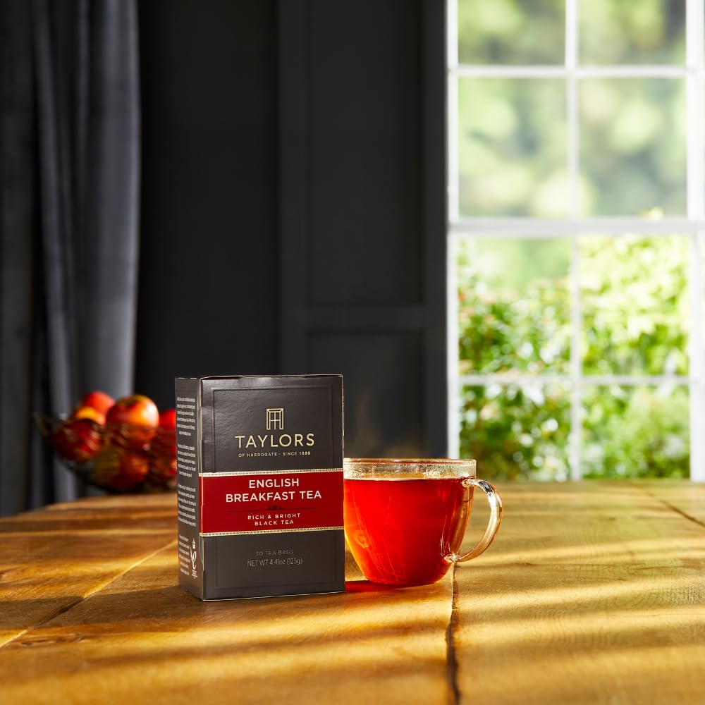 Cup of Taylors English Breakfast tea steeping, rich, bright, and full-bodied