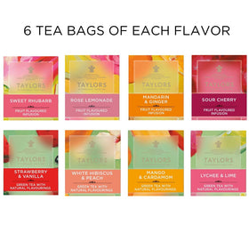 Taylors green tea and herbal varieties labels, showcasing mix for tea lovers.