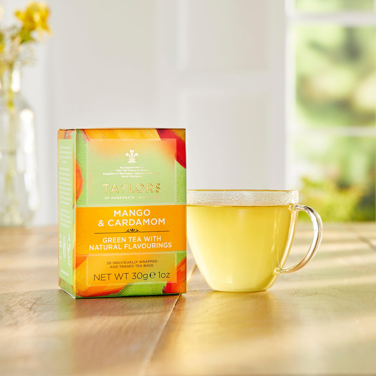 Taylors of Harrogate green tea fruit infusion trio packaging showing three flavors