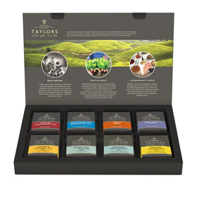 Taylors of Harrogate assorted teas sampler box displaying eight flavors for tasting