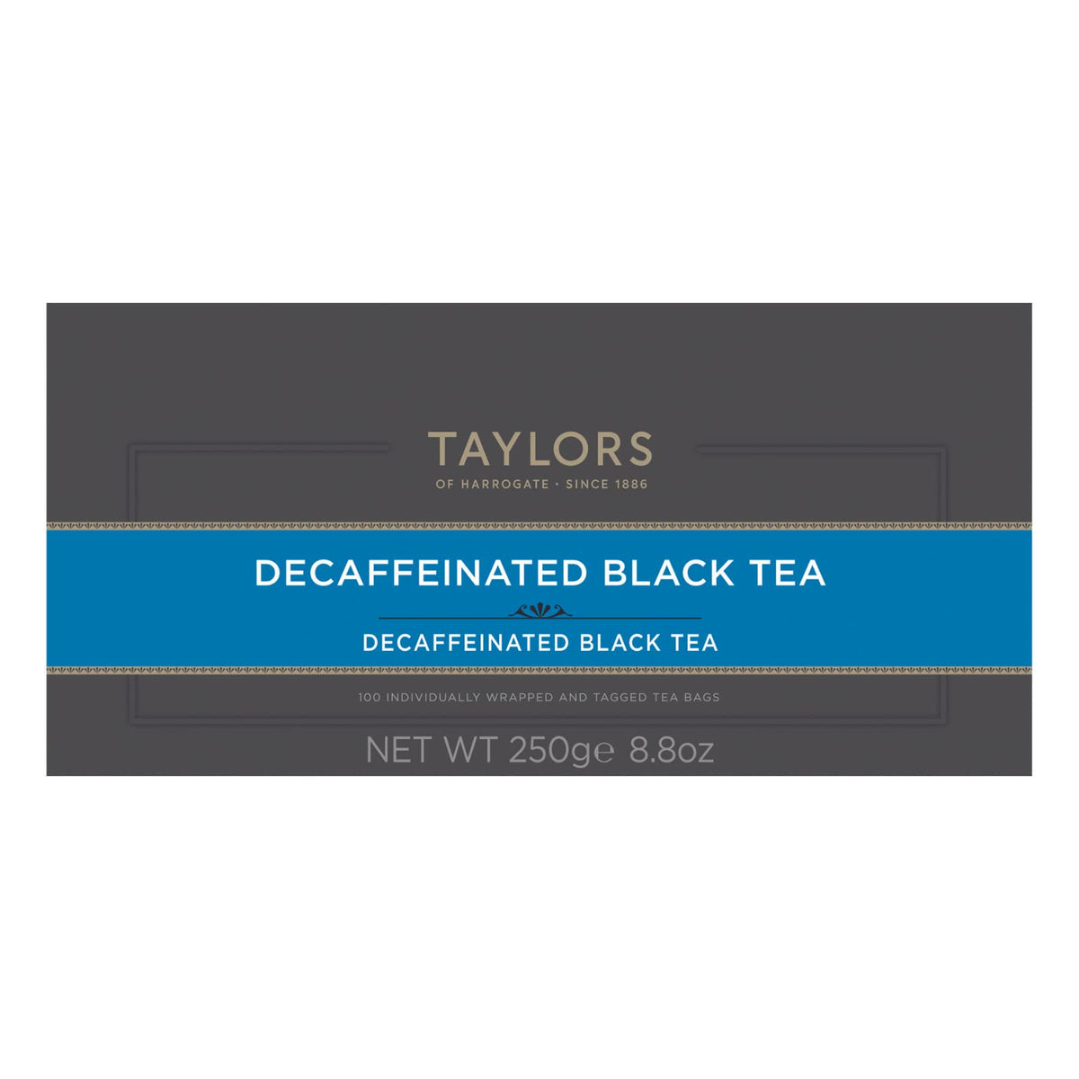 Taylors of Harrogate decaf tea in cup, hot or iced for versatile enjoyment.