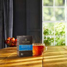 Taylors of Harrogate decaffeinated breakfast tea pillow bags hot brew ready with lemon or milk.
