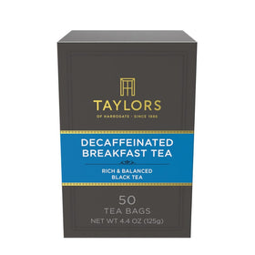 Taylors of Harrogate decaffeinated breakfast tea pillow bags brewing a bright, refreshing morning cup.