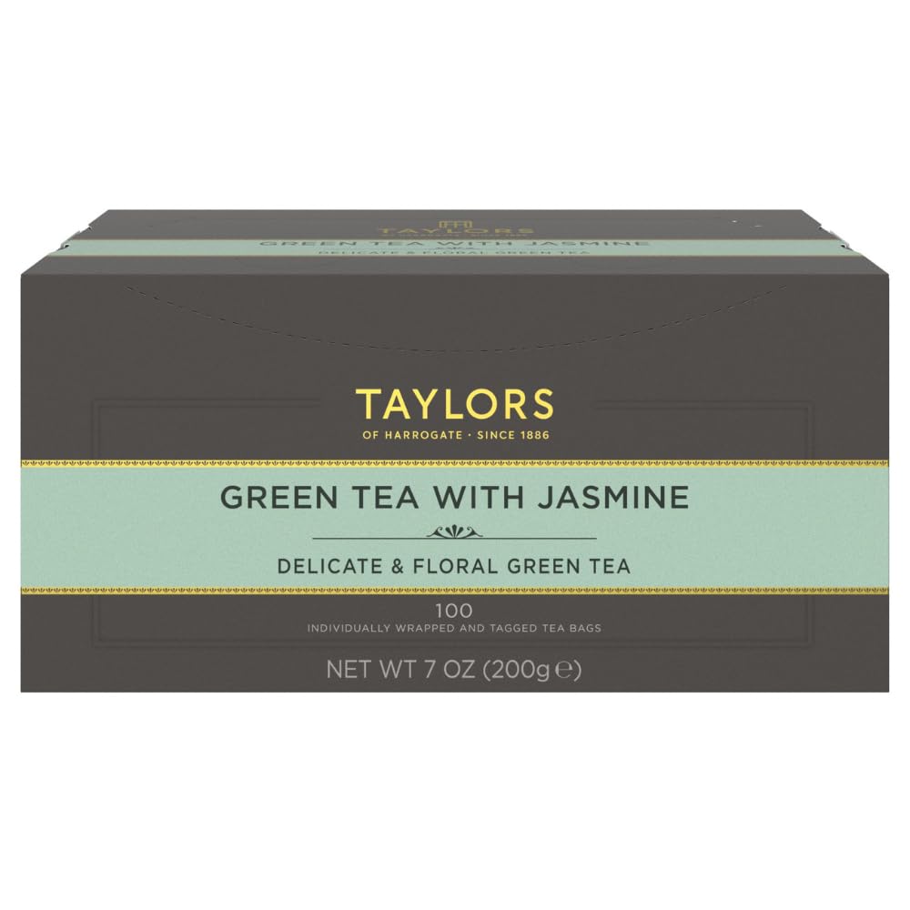 Taylors of Harrogate Jasmine Green Tea packaging with individually wrapped bags for freshness.