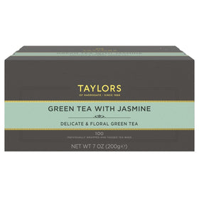 Taylors of Harrogate Jasmine Green Tea packaging with individually wrapped bags for freshness.