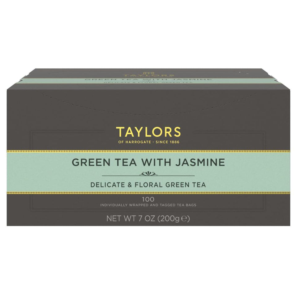 Taylors of Harrogate Jasmine Green Tea packaging with individually wrapped bags for freshness.