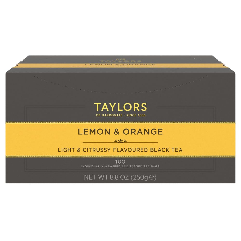 Taylors of Harrogate lemon-orange black tea bags in a box, refreshing morning ritual