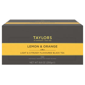 Taylors of Harrogate lemon-orange black tea bags in a box, refreshing morning ritual